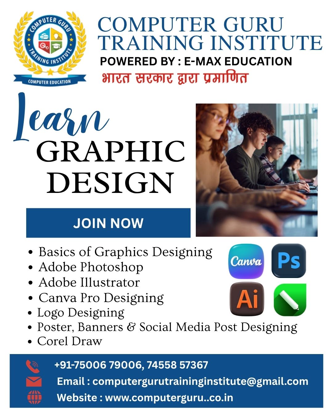 Build a Career in Graphic Design!
Join Computer Guru Training Institute and become a Professional Graphic Designer.
Learn everything from Logo Designing to Social Media Posts and Branding Graphics!
#GraphicDesignCourse #ComputerGuruTrainingInstitute #DesignCareer #Photoshop #Illustrator #CorelDraw #CreativeLearning #DesignYourFuture #GraphicDesigner #SkillDevelopment #ComputerInstitute #Education #Rishikesh